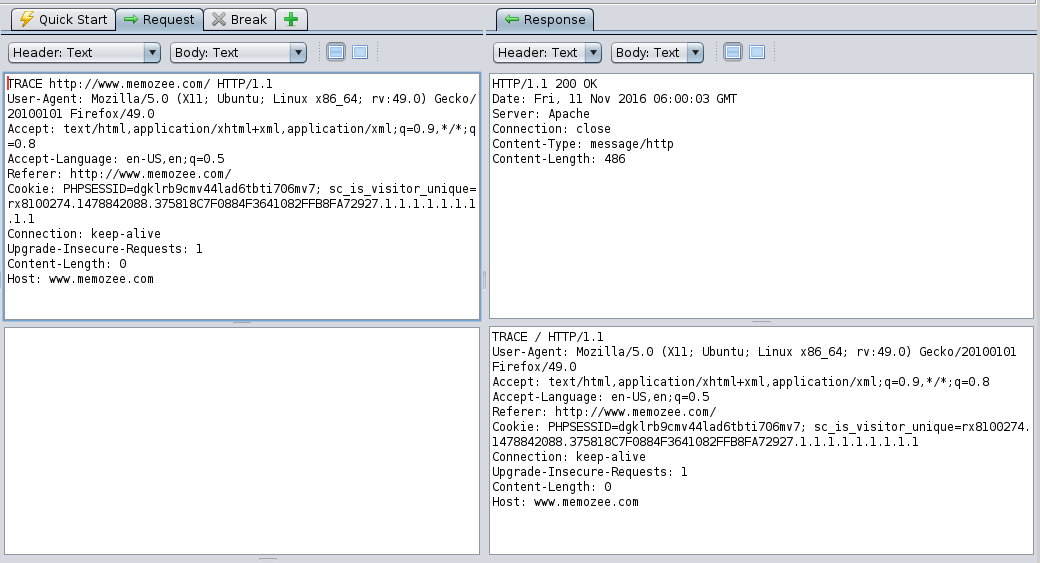 checking TRACE method with OWASP ZAP