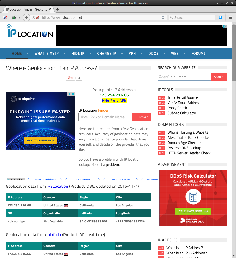 tor browser connected to www.iplocation.net