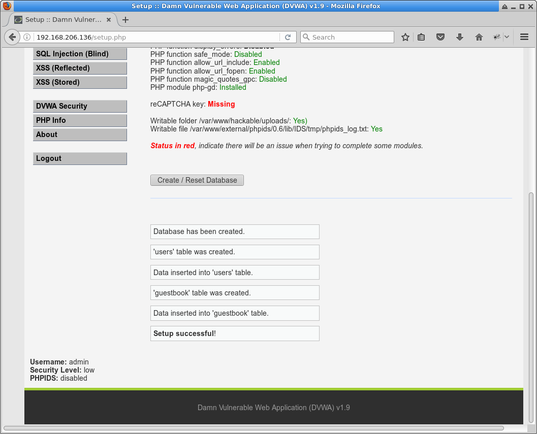 DVWA 1.9 reset database