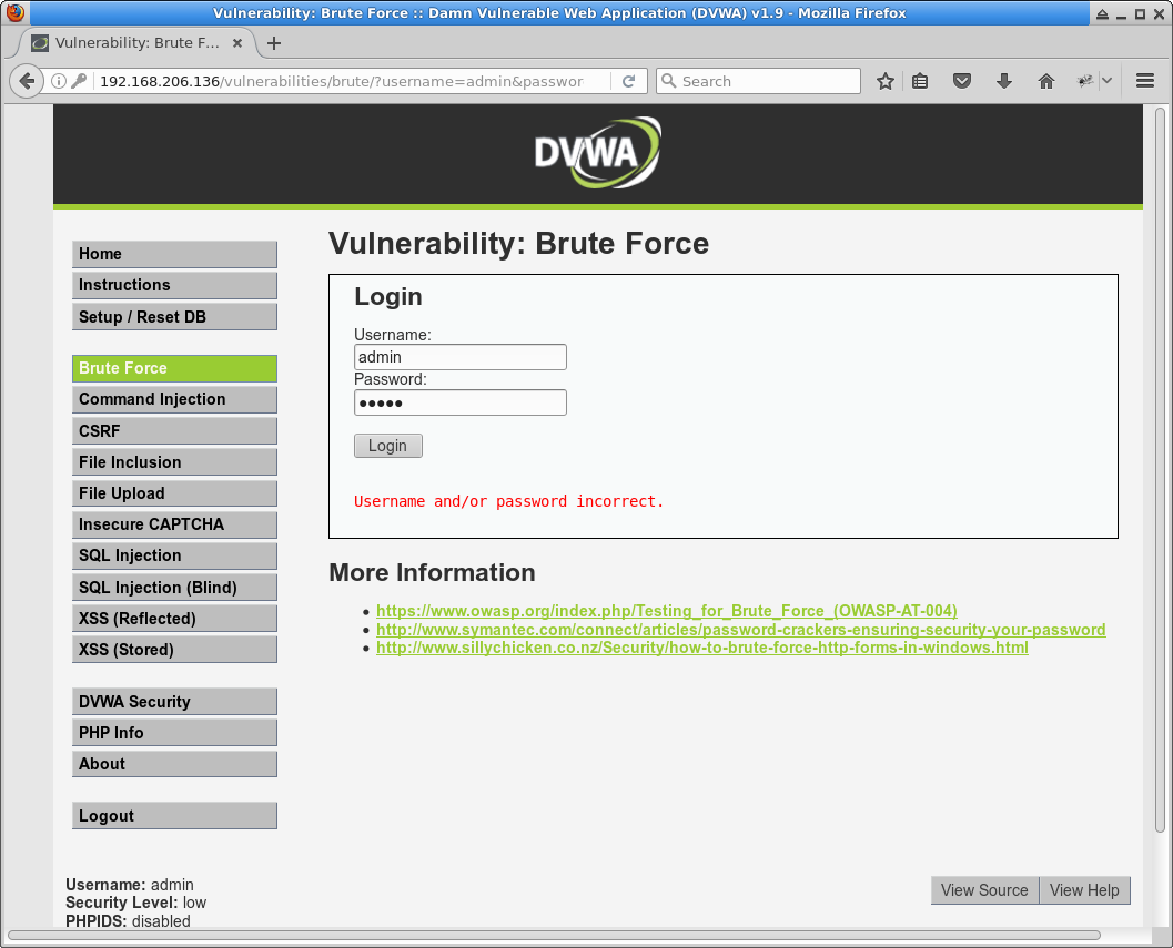 DVWA brute-force fails
