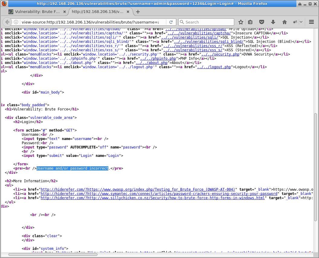 DVWA brute-force fails - HTML source