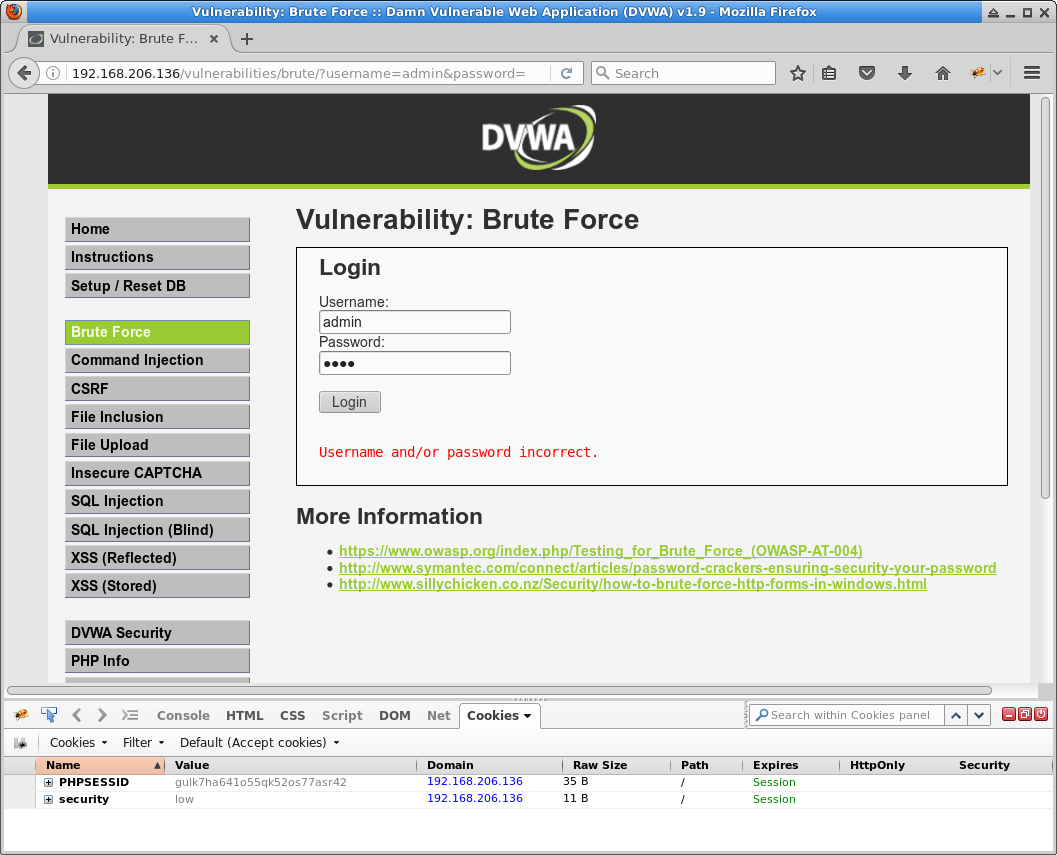 DVWA brute-force - Cookies