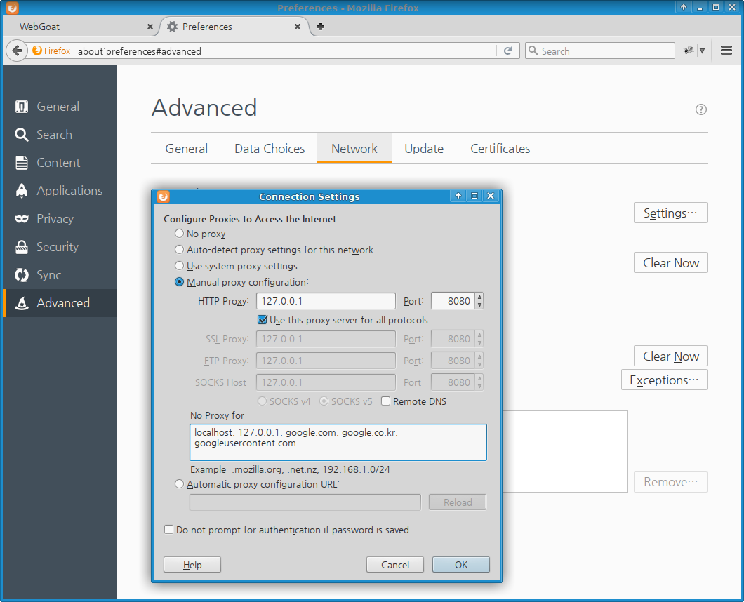 Firefox의 프록시 설정