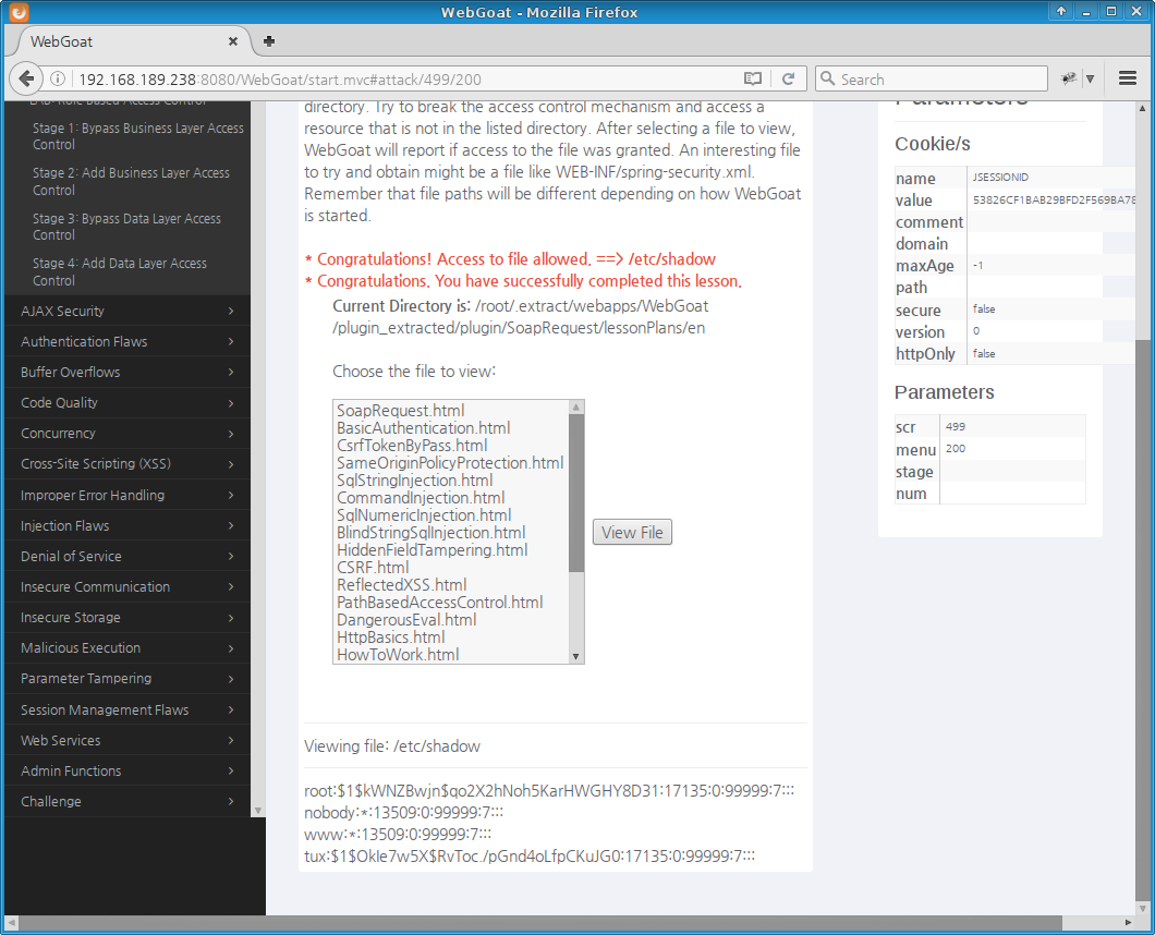 WebGoat: path traversal, /etc/shadow