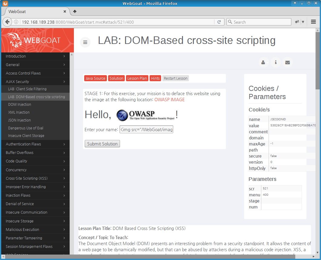 WebGoat: DOM-based XSS home