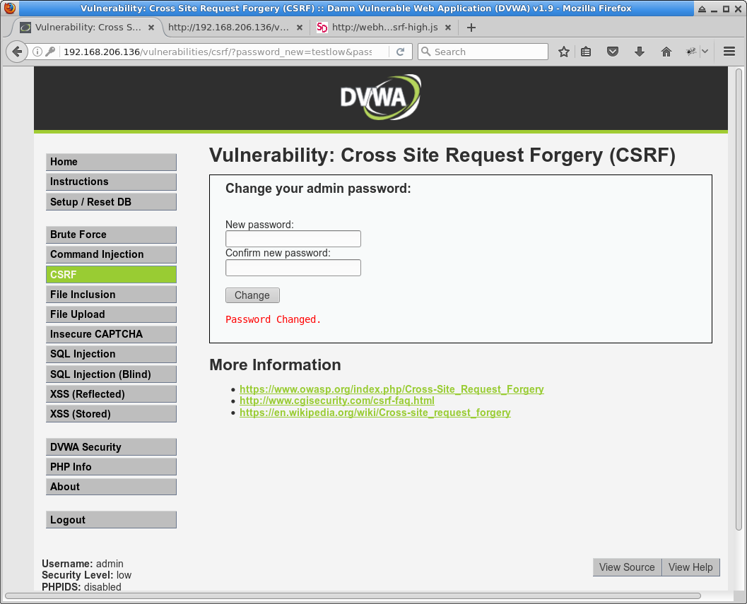 DVWA CSRF low level