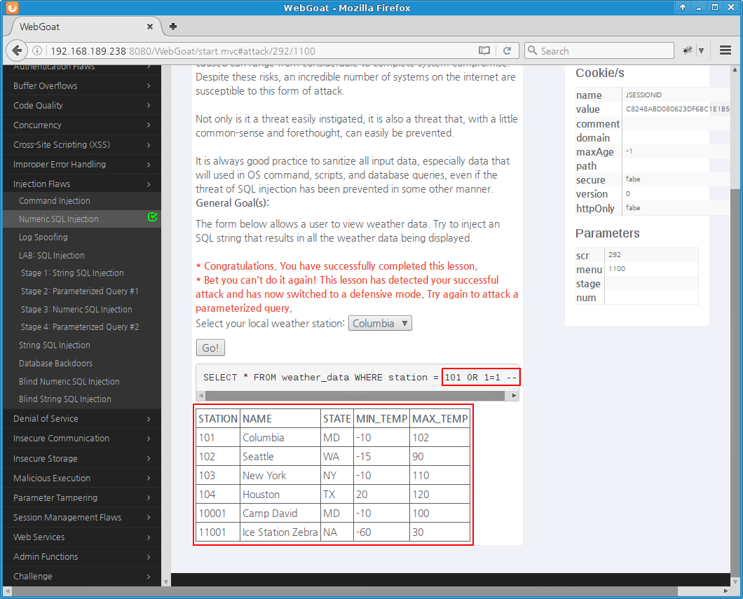 WebGoat Numeric SQL Injection: HTML form edit with Firebug, the Result