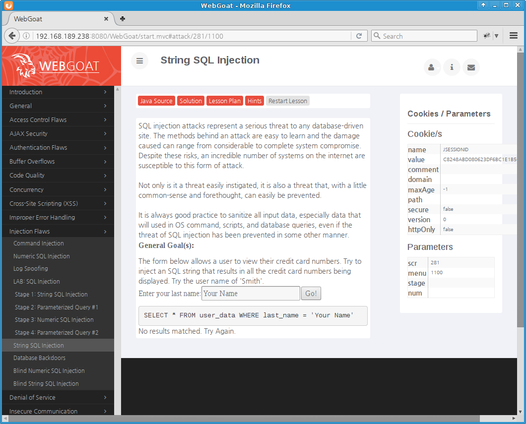 WebGoat String SQL Injection: 홈페이지