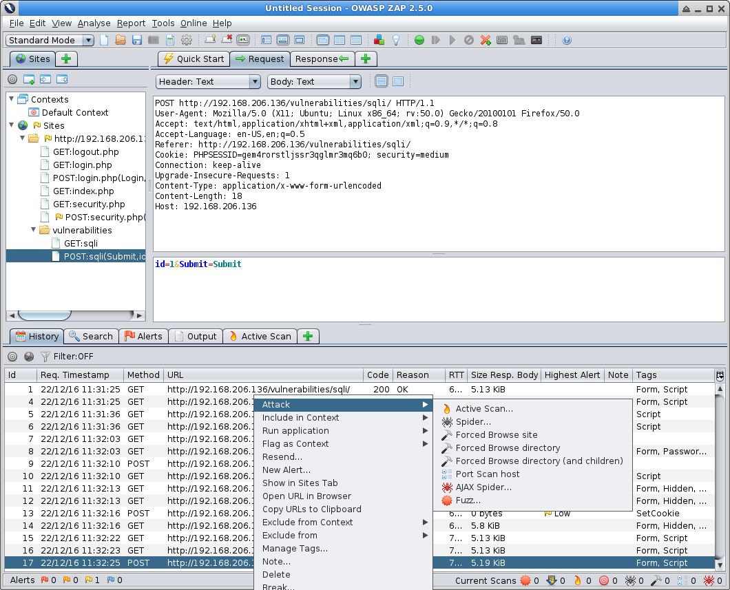 SQLi 홈페이지, owasp-zap ActiveScan