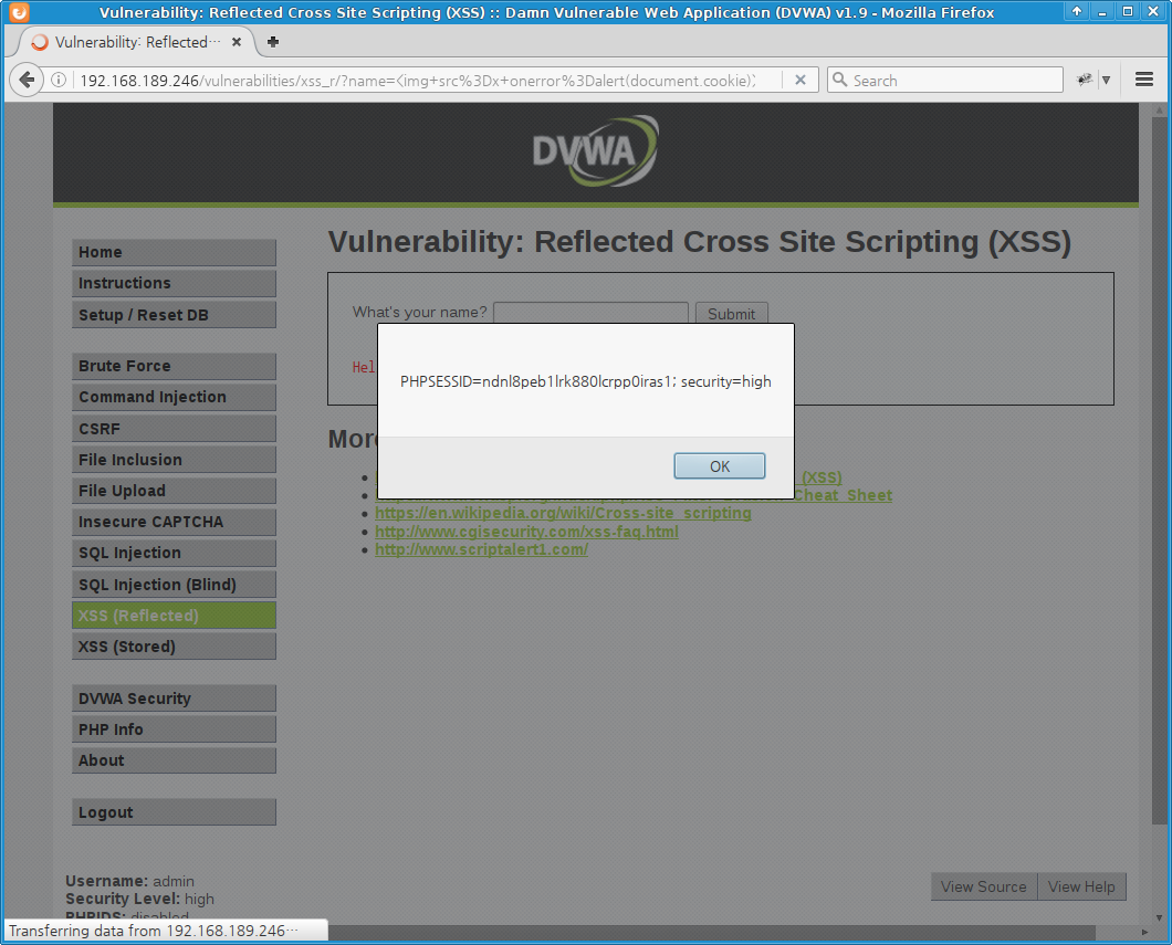 DVWA XSS (Reflected) - high level
