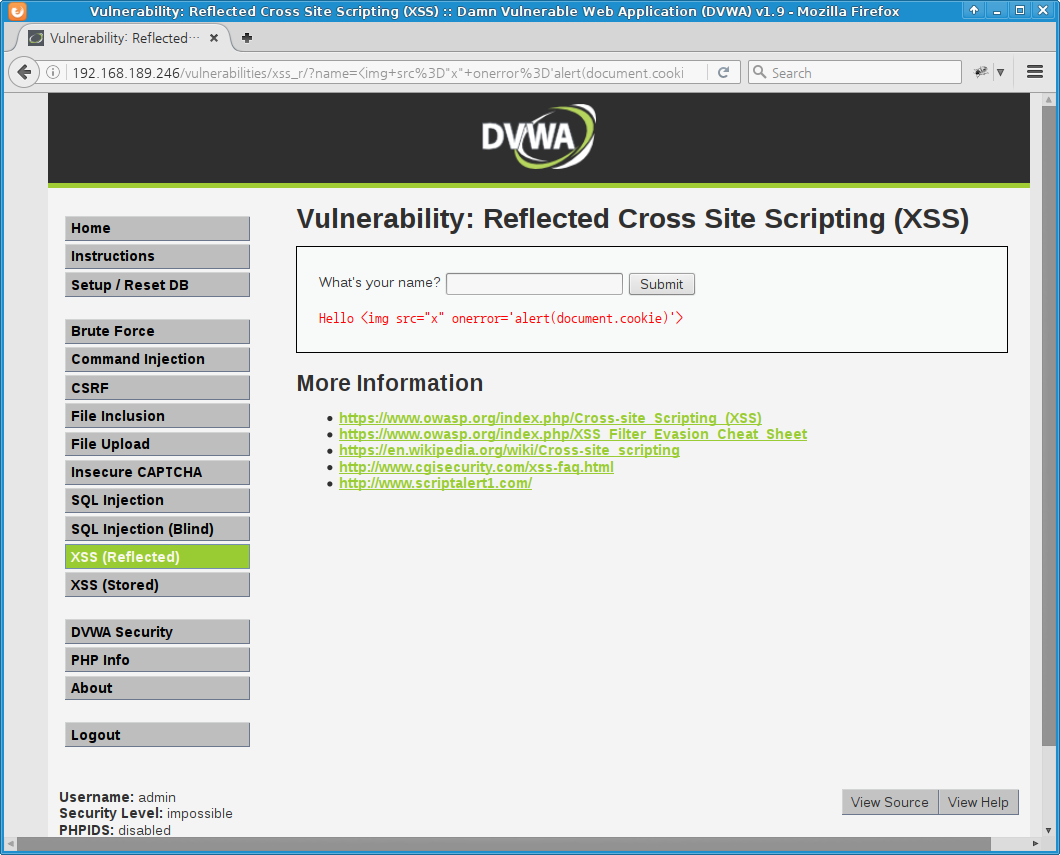 DVWA XSS (Reflected) - impossible level, xss failed