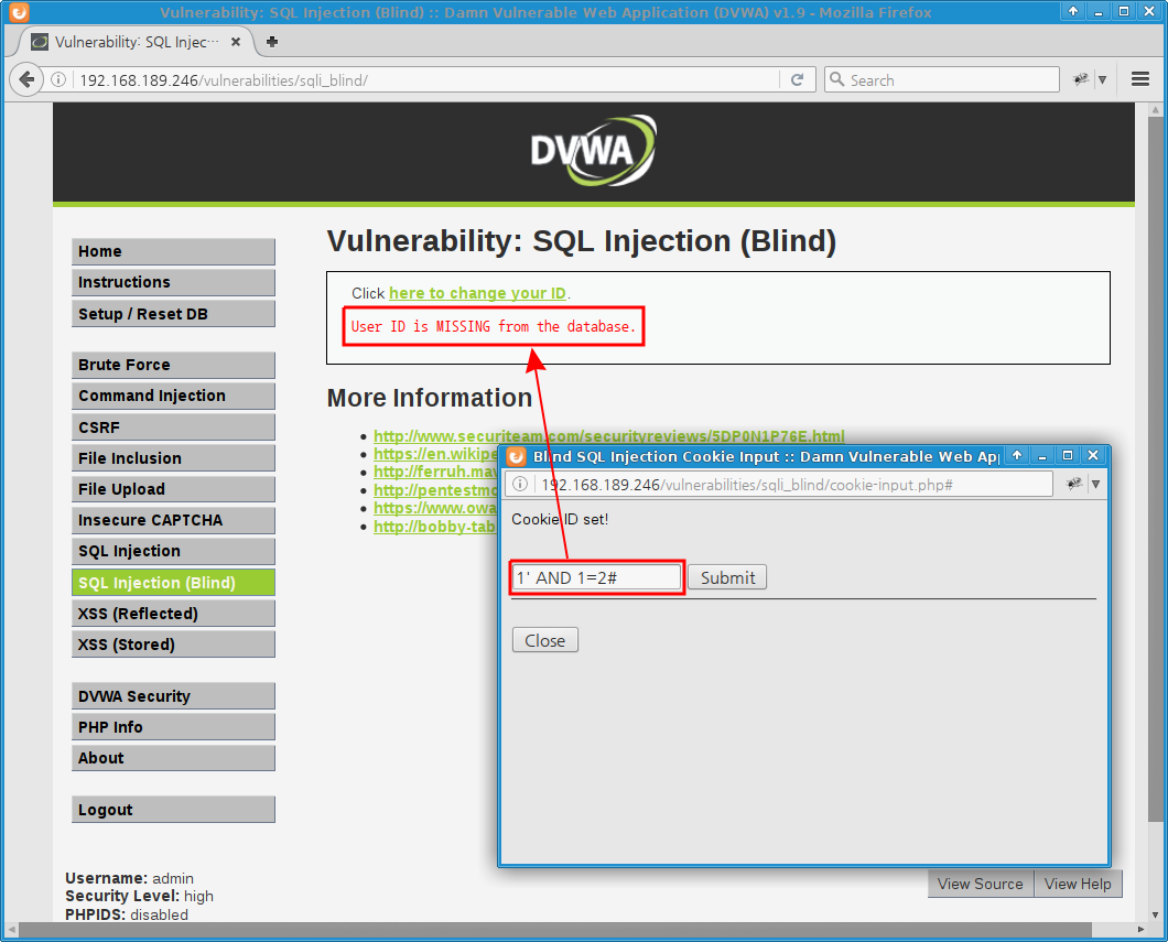 DVWA Blind SQL Injection (high level) FALSE clue