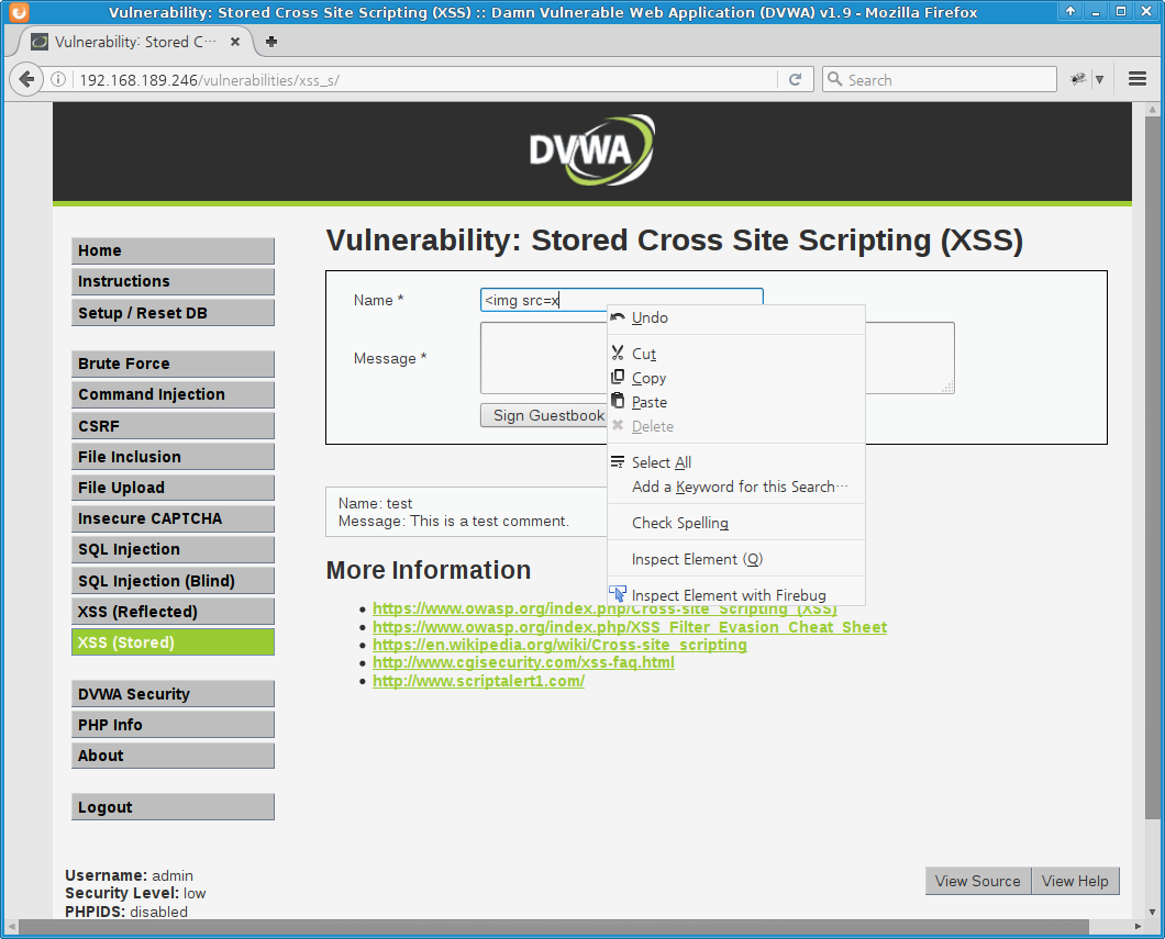 DVWA XSS (Stored) - low level
