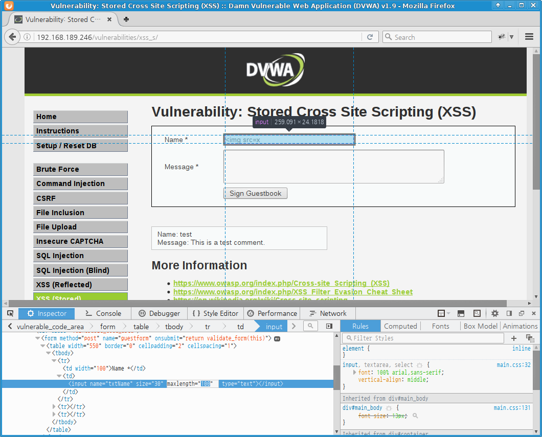 DVWA XSS (Stored) - low level