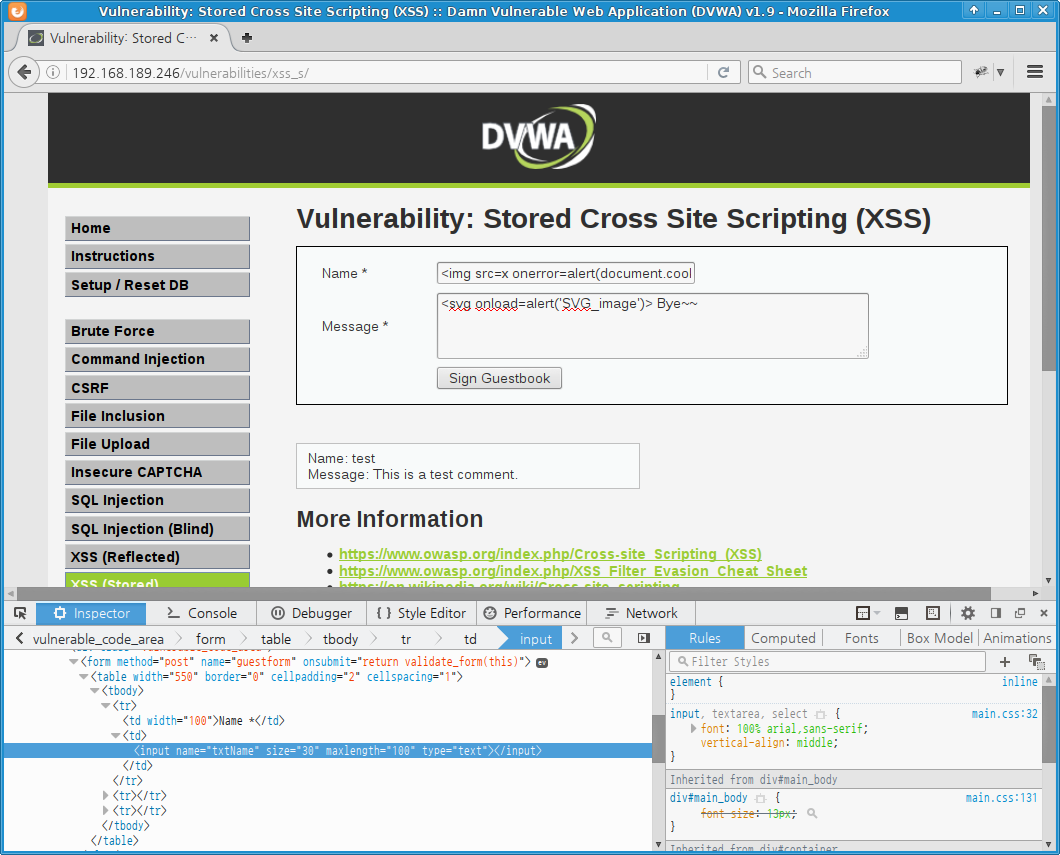 DVWA XSS (Stored) - low level