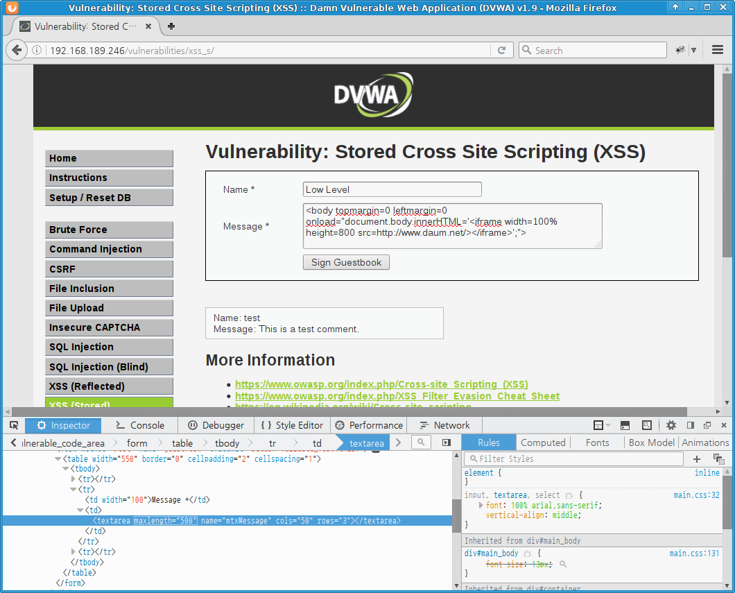 DVWA XSS (Stored) - low level