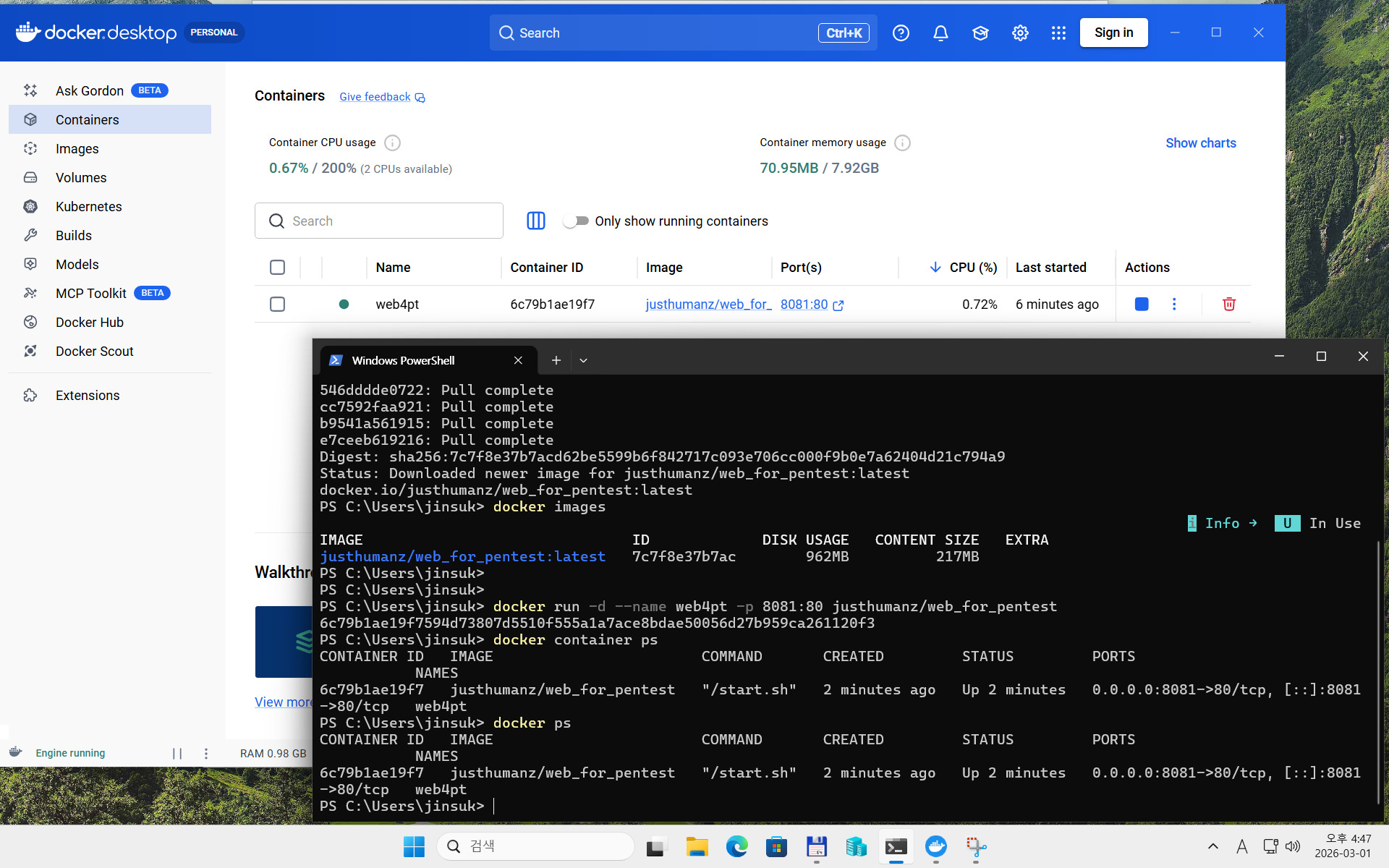web for pentester docker pulled and run
